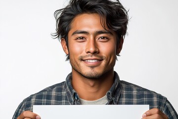 A smiling man holds a blank sign, suggesting a message or announcement.