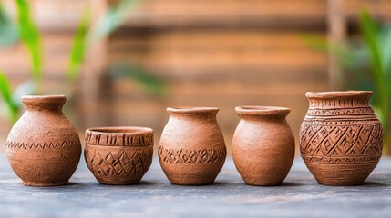 Handmade pottery, clay pots, rustic background, craft, home decor