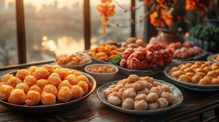 Gourmet Chinese New Year food on soft and warm background, celebrating Chinese New Year