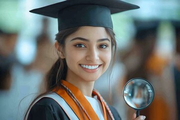 A smiling graduate in cap and gown holds a magnifying glass, celebrating academic achievement.