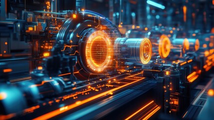 Fototapeta premium A photorealistic image of a futuristic factory, advanced machinery with digital connections.