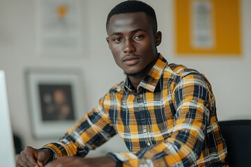 A confident young man in a plaid shirt sitting at a desk, focused and engaged.
