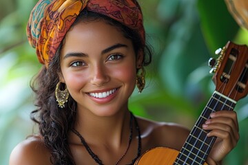 A smiling woman with a ukulele, wearing a colorful headscarf, amidst lush greenery.