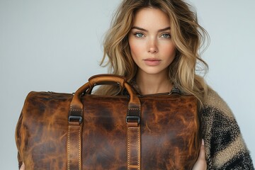 A woman poses with a stylish leather bag, showcasing fashion and travel aesthetics.