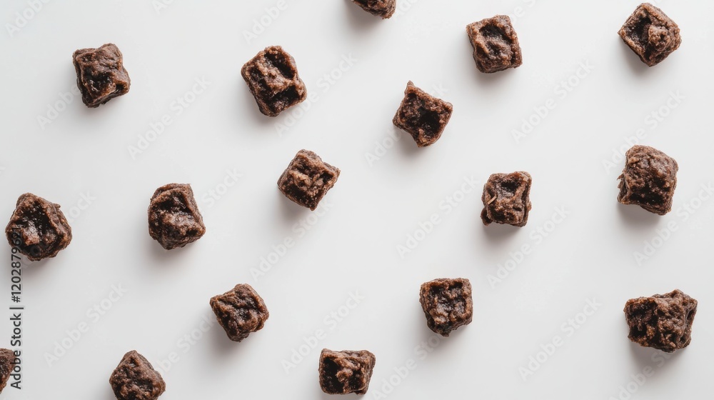 Poster assorted chocolate pieces scattered on a white surface, creating a visually appealing layout
