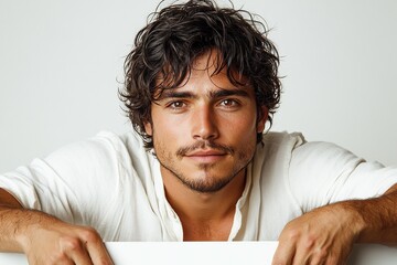 A young man with curly hair leans forward, smiling warmly at the camera against a neutral background.