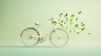 A pale green bicycle with brown handlebars is positioned against a matching pale green background