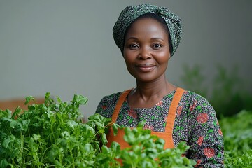 A woman in a patterned outfit stands proudly among fresh greens, showcasing her gardening skills.
