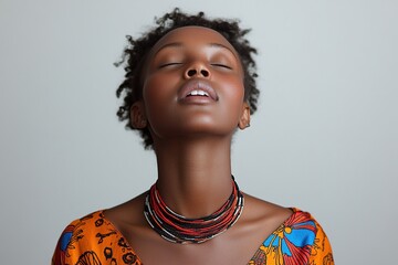 A portrait of a woman with a serene expression, adorned in colorful attire and jewelry.