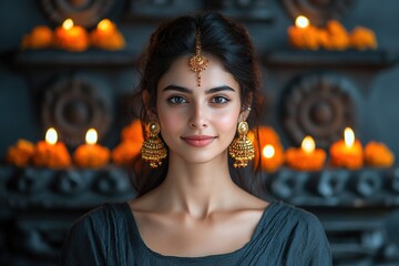 A young woman adorned with traditional jewelry, surrounded by candles and marigold flowers.