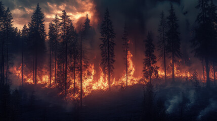 A forest ablaze, tall trees burning in the night, cinematic photography, wide shot, shallow depth of field