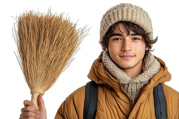 A young person in winter attire holding a broom, smiling against a white background.