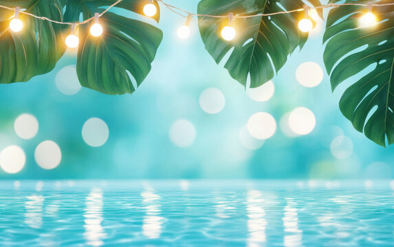 Tropical themed pool party decor with palm leaves and string lights creates vibrant atmosphere. shimmering water reflects festive mood, perfect for summer gatherings