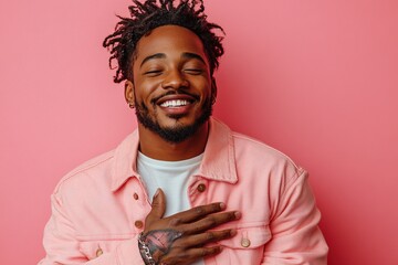 A smiling man wearing a pink jacket poses against a pink background, expressing joy and confidence.