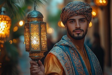 A man in traditional attire holds a decorative lantern in a warmly lit setting.