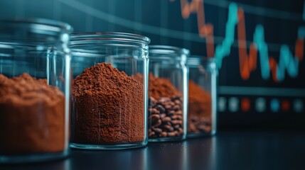 The image shows jars filled with various powders and grains, alongside a digital graph, suggesting themes of measurement, analysis, or ingredient evaluation, cocoa shortage.