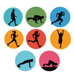 Black vector silhouette stick figures icons set of sport people for fitness gym yoga dance skating athlete pictogram symbol sign illustration competition health business button