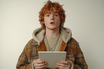 A young man with red hair holds a tablet, looking surprised in a casual outfit.