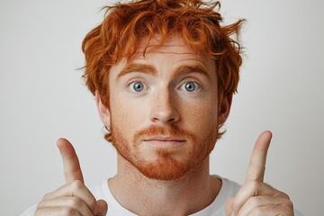 A young man with red hair and freckles gestures with both hands, looking surprised or excited.