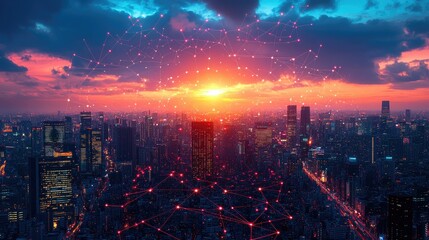 Fototapeta premium A vibrant city skyline at sunset with digital network connections overlaying the scene.