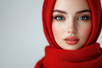 A close-up portrait of a woman in a red scarf, showcasing beauty and elegance.