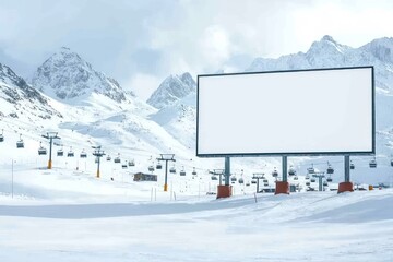 Resort ad board blends into snow scene, clean tones complement white mountain views.