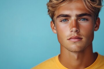 Close-up portrait of a young man with blonde hair and blue eyes against a blue background.