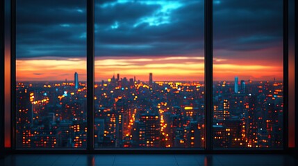 A vibrant city skyline at sunset, viewed through large windows, showcasing urban lights and clouds.