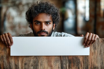 A man with curly hair holds a blank sign in a rustic indoor setting, conveying a message.