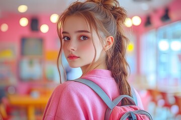 A young woman with a backpack looks back in a vibrant pink setting.