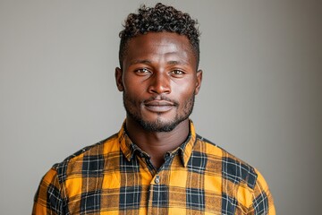 A close-up portrait of a man with curly hair wearing a plaid shirt against a neutral background.