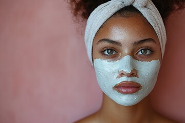 A young woman with a facial mask poses against a pink background, promoting self-care and relaxation.
