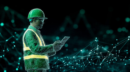 Digital Engineer: A stylized, almost ethereal image of an engineer, clad in a green hard hat and safety vest, reviewing data on a tablet against a backdrop of a futuristic, interconnected network.