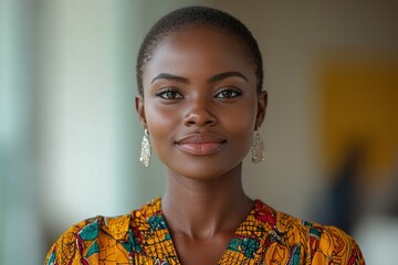 A portrait of a confident woman wearing a colorful patterned outfit and earrings.