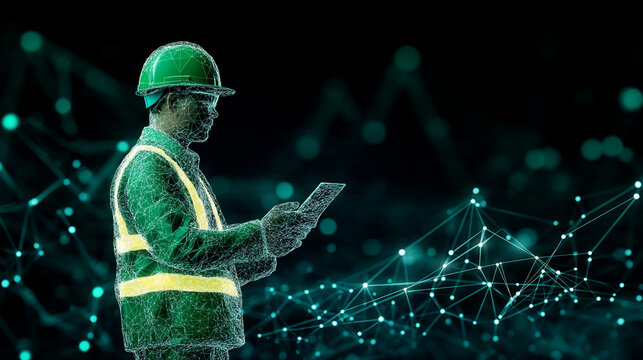 Digital Engineer: A stylized, almost ethereal image of an engineer, clad in a green hard hat and safety vest, reviewing data on a tablet against a backdrop of a futuristic, interconnected network. - Powered by Adobe