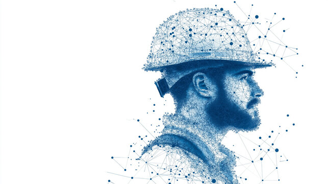 Connected Construction: A profile of a construction worker, their face comprised of intricate blue network lines, symbolizing the interconnectedness of modern construction.