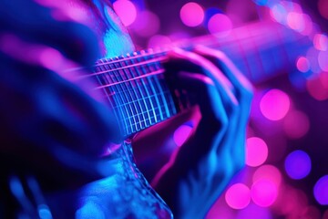Obraz premium Musician's Hand Strumming Guitar with Electric Blue and Purple Lights, Capturing the Passion of Music and Party Vibes.