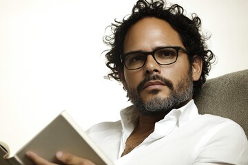 A man with curly hair and glasses reads a book, sitting comfortably in a chair.
