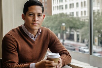 A young man in a brown sweater holds a coffee cup while sitting by a large window.