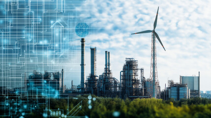 Sustainable Energy Plant: Futuristic digital overlay combines with a modern industrial refinery and wind turbine, symbolizing innovation and clean energy solutions. 