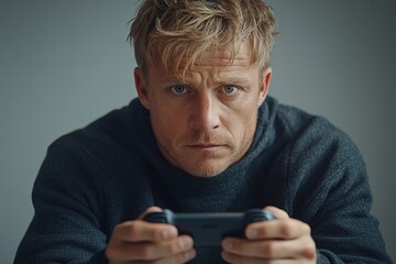 A focused man playing a mobile game, showcasing concentration and engagement.