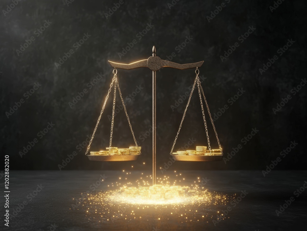 Aufkleber balancing wealth a shimmering gold coin comparison on a scale studio setting digital focused view fi