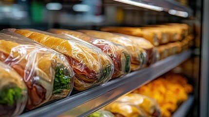 A close-up of neatly packaged sandwiches showcasing fresh ingredients, arranged on a shelf in a display case.