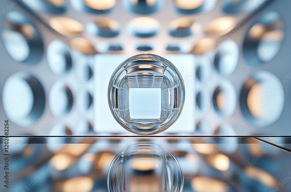 Poster stunning glass sphere reflecting light in a modern architectural setting with circular patterns and 