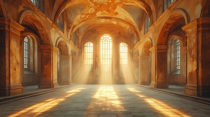 Obraz premium Sunbeams illuminate decaying church interior, showcasing architectural details