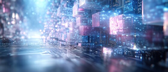 Obraz premium Futuristic cityscape with glowing cubes and digital data streams at twilight