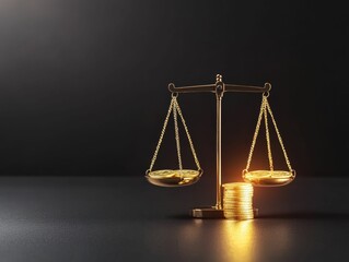 Golden coins balancing on retro-style scale studio setting product photography elegant environment close-up view wealth concept