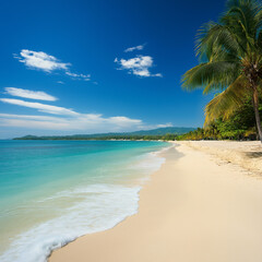 Tropical Sandy Beach with Soft Blue Ocean Waves and Clear Water