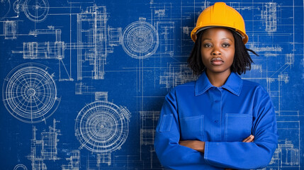 Confident Engineer: A portrait of a focused female engineer, arms crossed, standing confidently against a backdrop of detailed blueprints. She wears a bright yellow hard hat and blue work overalls.
