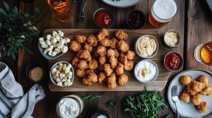 Crispy Chicken Nuggets Platter with Dips and Beer